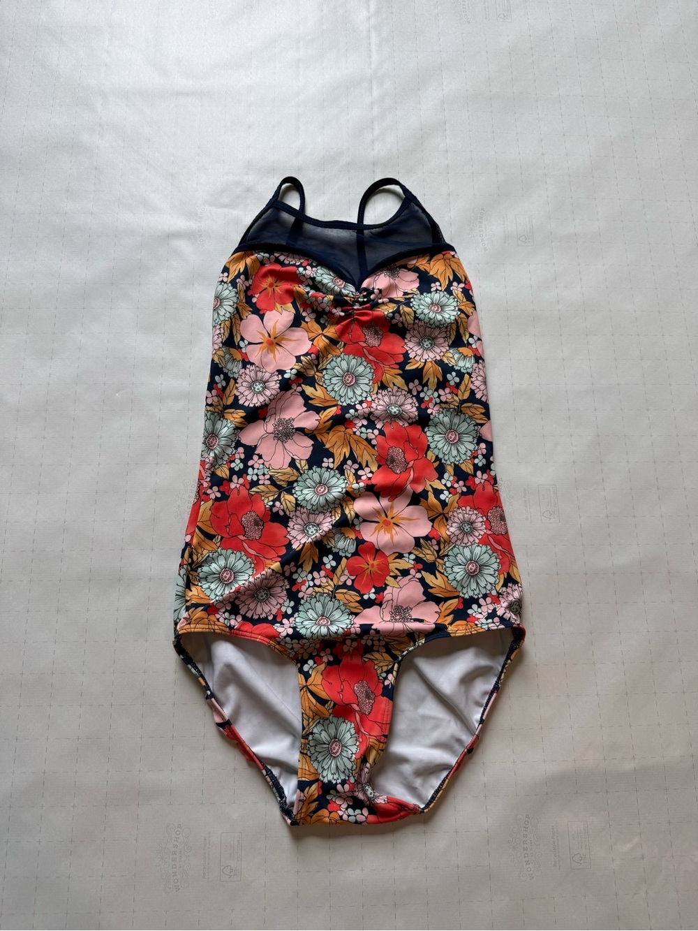 Eleve Dancewear Navy Floral One-Piece with Red, Pink, Yellow and Green Blooms
